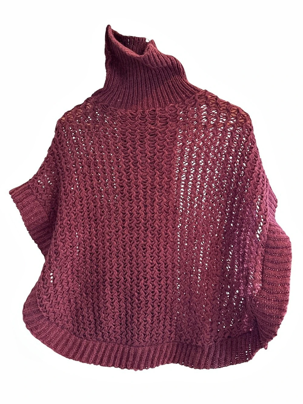 Open Knit Turtleneck lady poncho in Burgundy